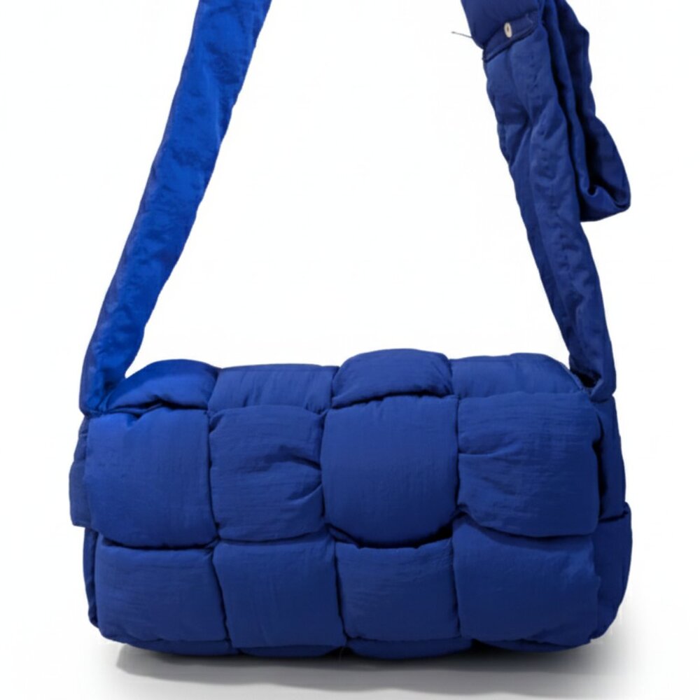 Bottega-Inspired Woven Puffer Crossbody Bag in Cobalt Blue Adjustable Strap